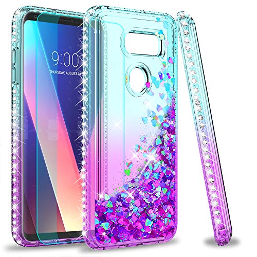 LG V30 Case,LG V30 Plus Case with HD Screen Protector for Girls Women,LeYi Cute Shiny Glitter Bling Moving Quicksand Liquid Clear TPU Protective Phone Case Cover for LG V30 / LG V30 + ZX Turquoise