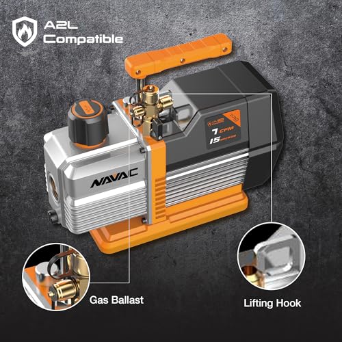NAVAC HVAC Vacuum Pump - Reliable Dual-Stage AC Motor Pump with Lightweight Design for Residential & Commercial Use - Ideal for Evacuation of HVAC Equipment - 15 Microns - Pro Series - 7 CFM Flow Rate