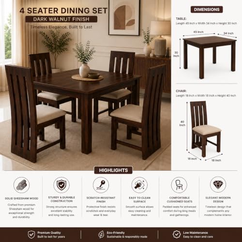 Image of Sheesham Wood 4 Seater Dining Table Set for Living Room Solid Wood Dining Table Set with 4 Chairs, Dining Room Furniture Walnut Finish