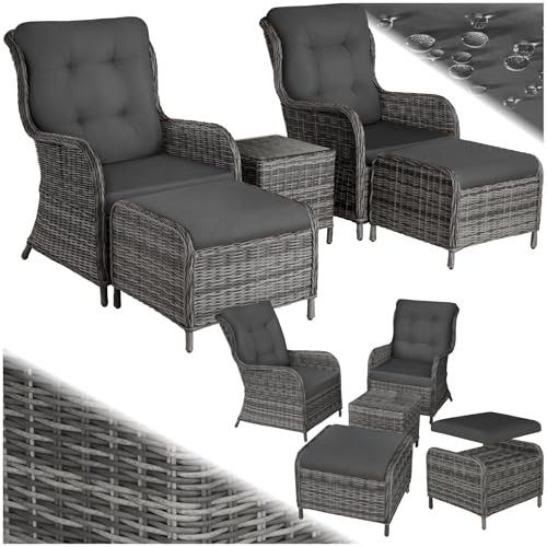 tectake® Salon de Jardin Extérieur en Poly Rotin et Aluminium 2 Personnes Ensemble Fauteuil salon, Tabouret pouf & Table de Jardin, Coussins inclus, Mobilier...