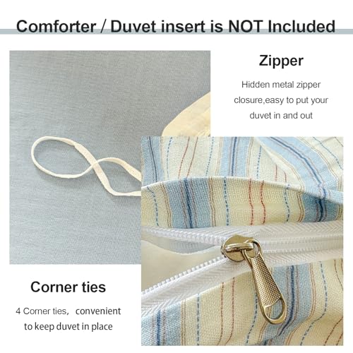 Image of EAVD Vintage Striped Duvet Cover Queen Soft 100% Muslin Cotton Linen Feel Gauze Farmhouse Blue Vertical Striped Pattern Bedding Set for Men Women Reversible Geometric Duvet Cover with Zipper Closure
