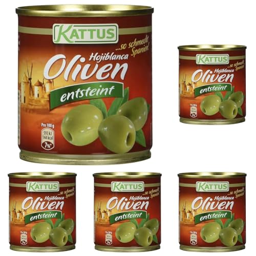 Kattus - Grüne Hojiblanca Oliven ohne Stein | Spanische Oliven entsteint | Ideal zu Pizza, Fleisch- oder Fischgerichte | 85 g in der Dose (Packung mit 5)