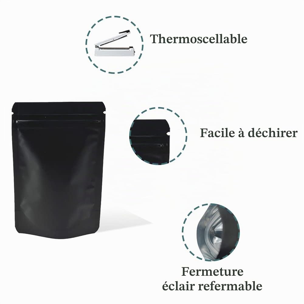Lot de 50 sacs de rangement à fermeture éclair en aluminium mat pour aliments - Anti-odeurs - Pour stockage à long terme (7,1 x 10,2 pouces, noir) (18 x 26 cm)