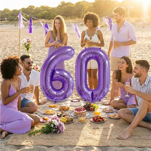 Image of Number Balloons for Birthday Decorations - 40 Inch Large Party Balloons 60, Purple Foil Number Balloons for Boys Girls, Balloons for Party Supplies