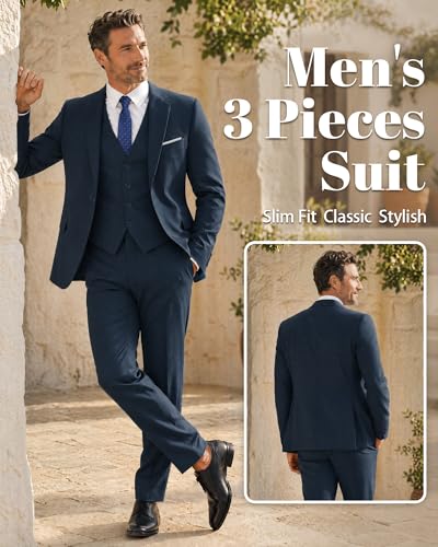 Image of MY'S Men's 3 Piece Suit Set with Tie, One Button Slim Fit Solid Jacket Vest Pants, Prom Party Wedding Business Suits for Men