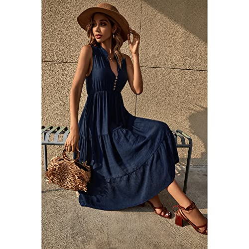 Image of BROVAVE Womens 2026 Summer Sleeveless Shirt Dress Collar Striped V Neck Casual Midi Dresses