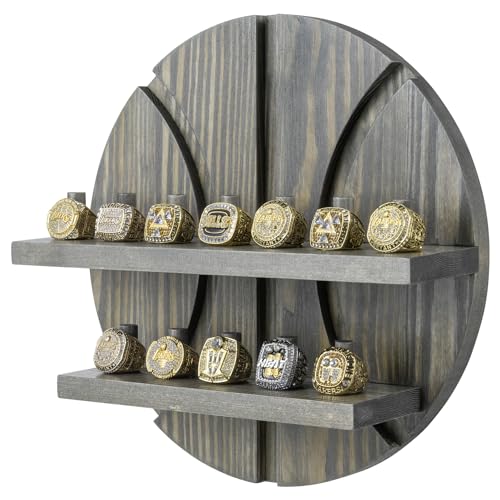 MyGift 2 Tier Wall Mounted Rustic Burnt Solid Wood Sports Championship Ring Holder with Basketball Cutout Backing, Jewelry Storage Display with 12 Pegs (Vintage Gray)