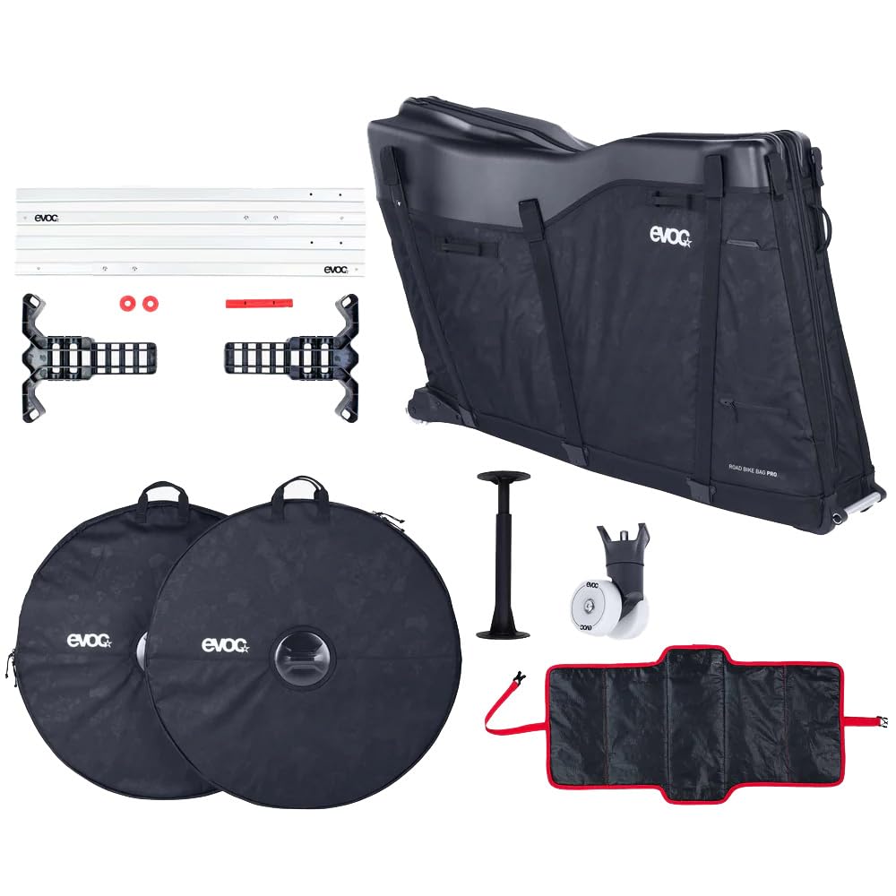 EVOC ROAD BIKE BAG PRO Walizka rowerowa (składana torba transportowa na rowery szosowe i triathlonowe, bez kokpitu i siodełka, CLIP-ON WHEEL 3.0, maks. rozstaw osi 112 cm, z BIKE STAND PRO)