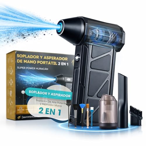 Super Pro Soplador De Aire Potente y Aspirador Mano 2 en 1, Pistola Aire Comprimido, 130000 RPM, Plumero de Aire Eléctrico con Bateria 4000 mAh, Soplador de Aire con Luz LED para PC, Limpieza Coche