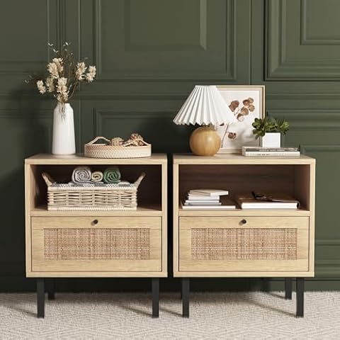 Rattan Nightstands Set of 2, Boho Night Stand with 1 Door, Accent End Table, Wood Bediside Table with Metal Legs&Open Shelf, Natural Wood Cover