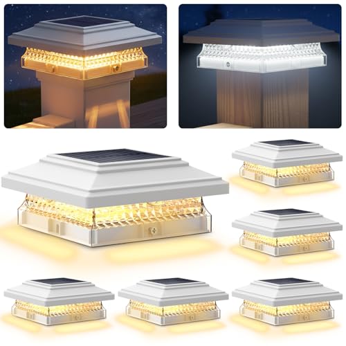 SIEDiNLAR Solar Post Cap Lights 6 Pack 2 Modes 50 Lumens 4x4 5x5 Vinyl/Wooden Posts Waterproof Outdoor Lighting for Deck Fence Patio White/Warm (White)