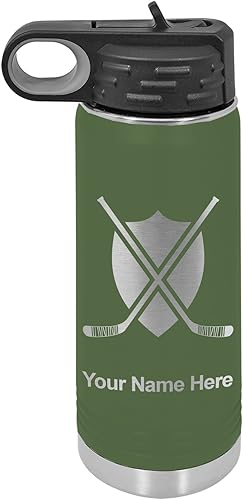 Miniatura 7 de LaserGram Botella de agua con tapa abatible de doble pared de 12 onzas con pajilla, palos de hockey, grabado personalizado incluido (negro)