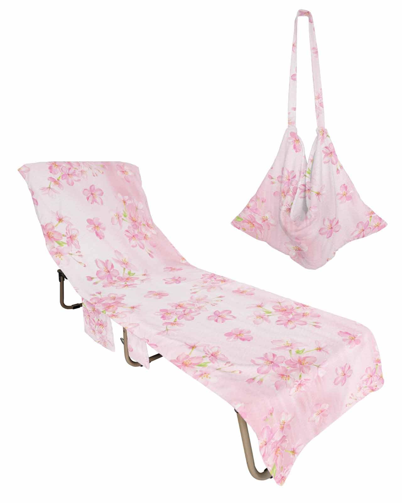 Floral Pink Beach Lounge Chair Towel Cover, Soft Chaise Lounge Towel with Side Pockets Patio Pool Chairs Cover for Beach/Pool Sunbathing 29x85 Watercolor Cherry Blossom Spring Summer Flower