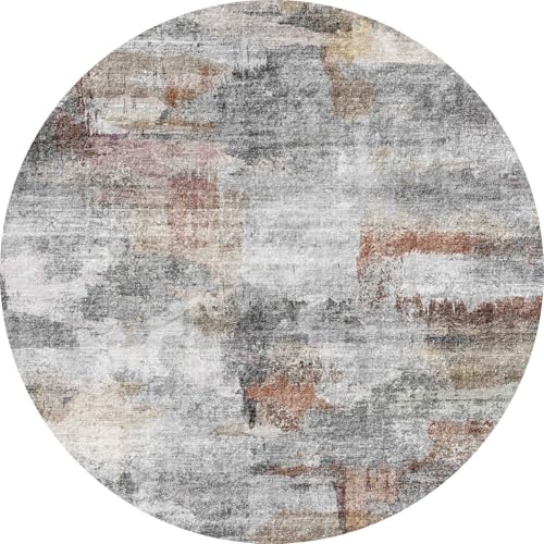 vivorug Round Rug 5ft Abstract Round Area Rug Non-Slip Indoor Carpet for Living Room Bedroom Entryway, Stain Resistant Home Decor Circle Rug, Grey/Rust