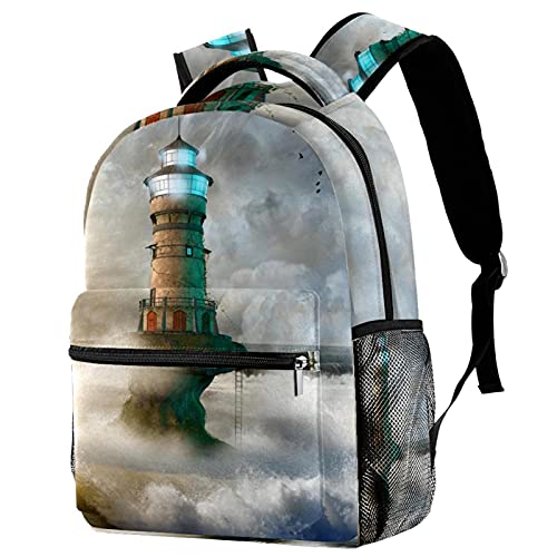 Sac à dos de voyage motif phare de l'océan pour filles et garçons avec porte-bouteille intégré