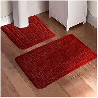 FAIRWAYUK Bathroom Mats Sets 2 Pieces, Ultra Plush Greek Pattern Bath Toilet Mat Anti Slip Pedestal Set, Extra Absorbent 100% Polypropylene Rug, Bathroom Accessory (Red)