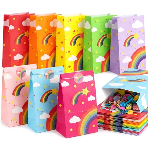 VGOODALL 24 Pack Small Rainbow Party Favor Bags with Stickers - 8.7x4.7x3.1 Colorful Cloud & Star Goodie Bags 8 Rainbow Colors for Kids Birthday Baby Shower & School Events