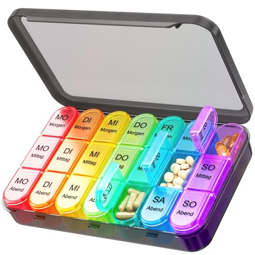 Daviky Tablettenbox 7 Tage 3 Fächer, Tablettenbox Morgens Mittags Abends, Medikamentenbox 7 Tage 3 Fächer mit Großen Separaten Fächern, Kleine Reise-Wöchentlicher Pillendose für Vitamine/Medikamente