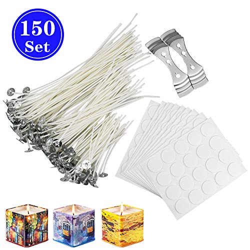 DESON 150 Pezzi Stoppini Candele 20cm 15cm 9cm Stoppini Candela da Fai da Te, con 2 Pezzi Porta Stoppini Candela e 200pz Cerchietti Biadesivo