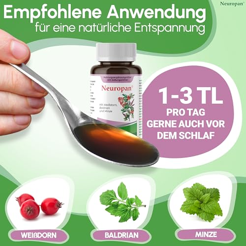 Neuropan Sirup 110ml Anti Stress Baldrian zur Entspannung [pflanzlich + alkoholfrei] Beruhigungsmittel Einschlafhilfe gegen Stress Nerf Panikattacken
