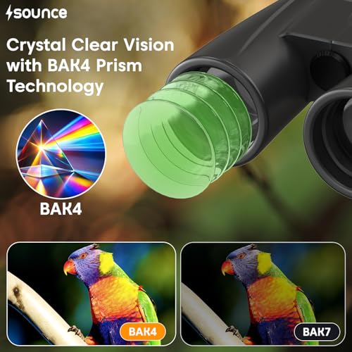Image of Sounce 12x42 Binoculars for Long Distance | Waterproof HD Binocular for Adults | BAK4 Prism FMC Lens | Bird Watching Wildlife Safari Stargazing | Fog Proof Durbin with Pouch (Black)