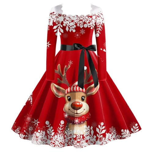Kleid Weihnachten Damen Langarm Kleider, Lustig Druck Weihnachtskleider Vintage Elegant Festliche Retro Partykleid 50er Jahre Rundhals...