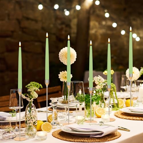 Image of CVHOMEDECO. Flameless Taper Candles with 10-Key Remote, Battery Operated Led Flickering 3D Wick Window Candles Real Wax Finished Home Christmas Party Decor 0.78 x 11 Inch, Pack of 2, Light Green