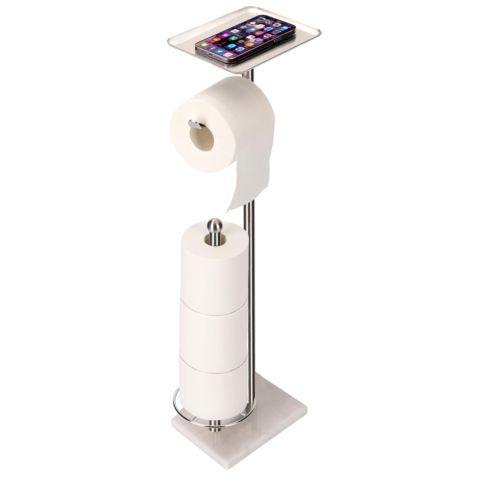 Toilet Paper Holder with Tray at The Top, Sturdy Marble Base No Wobby, Holding Extra 3 Toilet Paper Rolls As Spare Use, Freestanding No Drilling (Brushed Nickel)