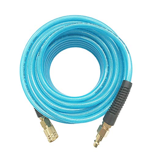 SANFU Polyurethane(PU) Reinforced 1/4”ID×100ft, Air Hose with 1/4” Swivel MNPT Solid Brass Quick Coupler and Plug, Transparent Blue(100’) - Thumbnail 3