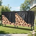 Premium 8Ft Firewood Rack Cover Set Heavy Duty Steel Log Holder for Outdoor/Indoor Use, Waterproof Storage for Patio, Fireplace & Backyard, Ventilated Design, Easy Assembly, Black