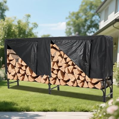 Premium 8Ft Firewood Rack Cover Set Heavy Duty Steel Log Holder for Outdoor/Indoor Use, Waterproof Storage for Patio, Fireplace & Backyard, Ventilated Design, Easy Assembly, Black