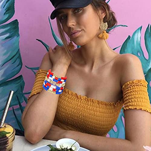 FAERLIIRY 4th of July Bracelets Red White Blue Bracelets American Flag USA Clay Beaded Bracelet Heishi Stretch Stackable Bracelets Patriotic Friendship Bracelet Surfer Preppy Summer Beach Jewelry4