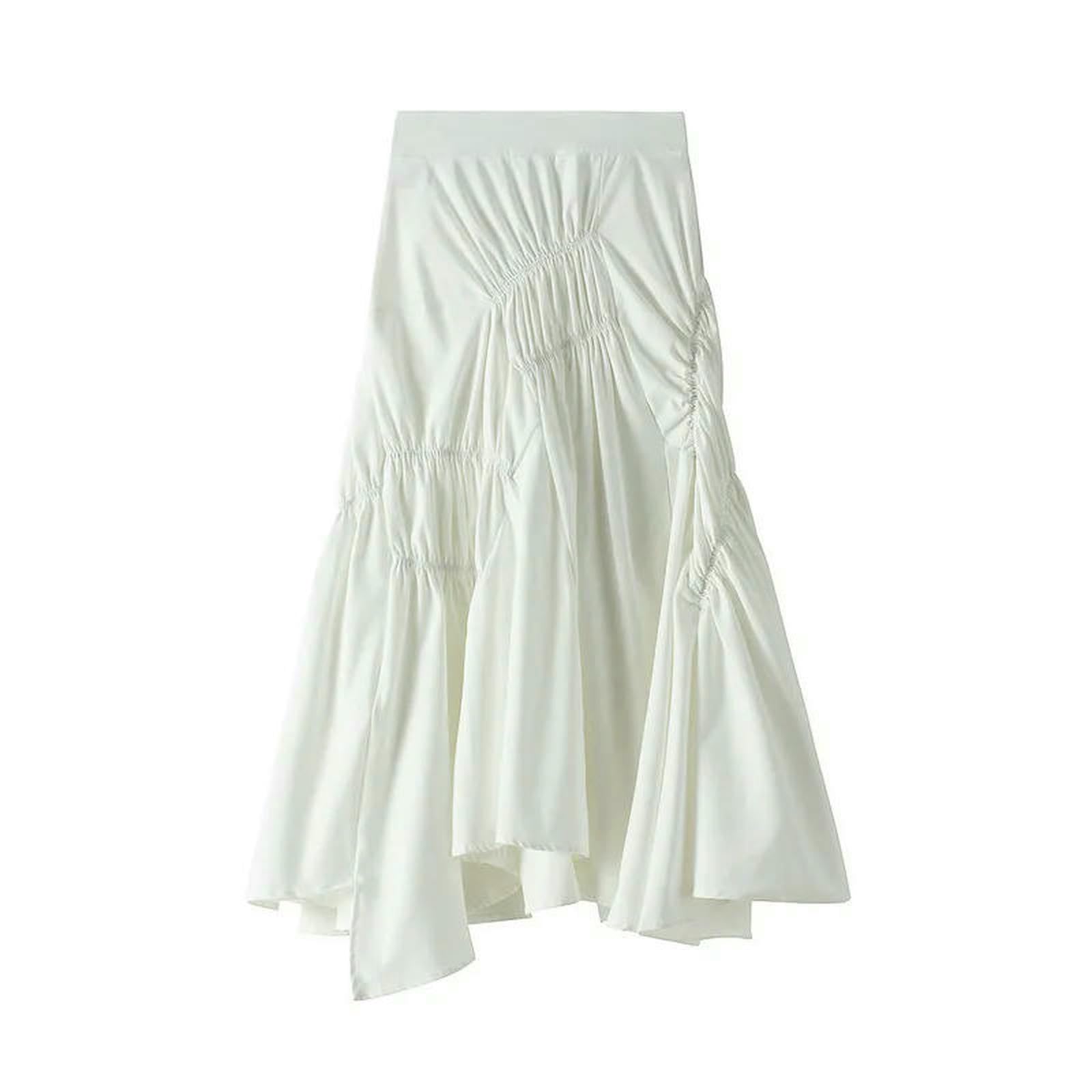 Gonna Lunga Elegante A Pieghe Slim da Donna Casual Vita Alta Asimmetrica Nera Svasata Gonne Primavera-Bianco-Taglia Unica