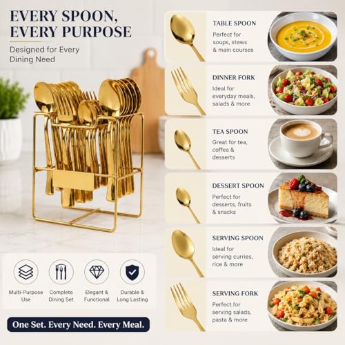 Image of 25 Piece Gold Cutlery Set for Kitchen & Dining Luxury Stainless Steel Golden Flatware Set with Stand (6 Dessert Spoons, 6 Dessert Forks, 6 Tea Spoons, 6 Soup Spoons, 1 Storage Stand)