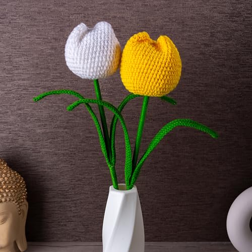 Image of Tulip Crochet Flowers | Handcrafted Artificial Faux Woolen Flower with Long Stem | Natural Looking Knitted Flower for Home, Living Room, Vase & Bouquet Decoration & Gifting | White & Yellow