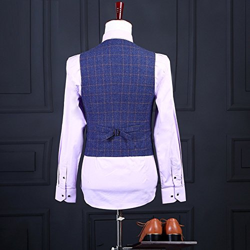 Classic Tweed Herringbone Wool Blend Men Suit 3 Pieces Blue with Gold Plaid Dark Striped Blazer4