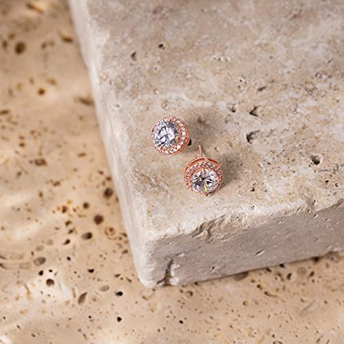 Image of PAVOI 14K Gold Plated 925 Sterling Silver Post Brilliant Round Faux Diamond Halo Earrings - Premium Cubic Zirconia