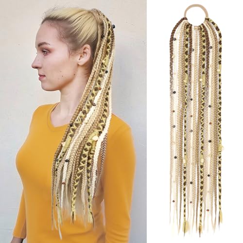 SEIKEA Boho Braided Ponytail Extension with Hair Tie 24 Long Viking Dreadlock Beads Ponytail Hand-braided Braids Hair Extensions Lightweight Natural Synthetic Hairpiece for Festival Cosplay