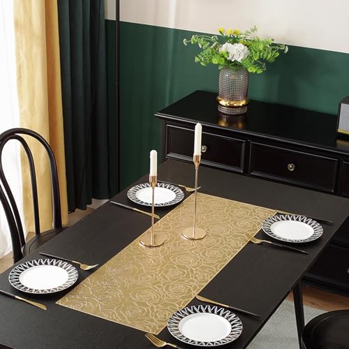 Hosoncovy Hollow Rose Table Runner Non-slip Decorative PVC Table Mats Placemat Heat Resistant Mats for Home Party Kitchen Dining Wedding Decor (92CM X 33CM) (Gold) - Image 2