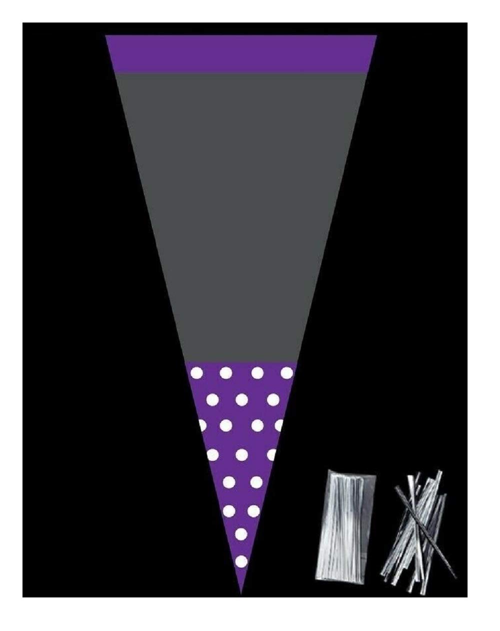 PACK OF 100 - PURPLE POLKA DOT - Unique Cellophane Cone Shape Sweet Party Bags 37cm x 18cm - Over 40 Designs With 4" twist ties