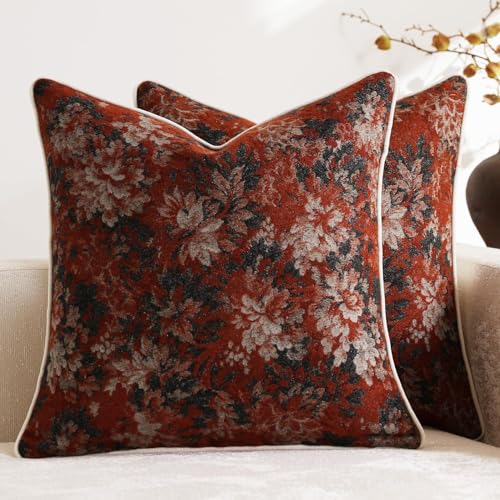 DEZENE Pack of 2 Vintage Floral Throw Pillow Covers 18x18 Boho Farmhouse Accents Chenille Square Decorative Pillow Cases for Living Room Couch Bed Home Decor, Rust