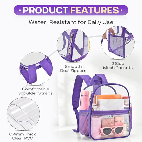 Image of Oraben Clear Backpack for Stadium Events Stadium Backpack 12x6x12 Clear Bag | 0.4mm Thick PVC, Durable Material,2 Side Pockets,Great for Park, Festivals, Sporting Events and Daily Use