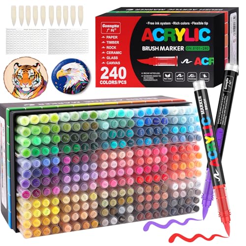 Gelanty 240 Colors Acrylic Paint Pens Direct Liquid Paint Markers with Flexible Brush Tip Acrylic Marker Pens Colouring Pens for Adults Drawing Pens for Rock Painting Ceramic Wood Glass