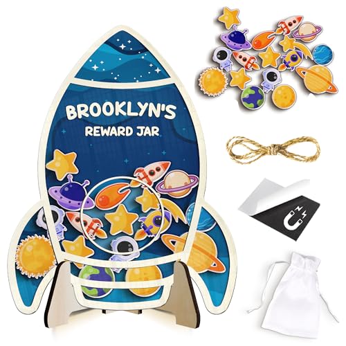 Image of Personalized Rocket Ship Magnetic Reward Jar for Kids, Toddler Reward System with Colorful Tokens, Potty Training & Good Behavior System, Back to School Gift for Boys Girls, Classroom Display Decor