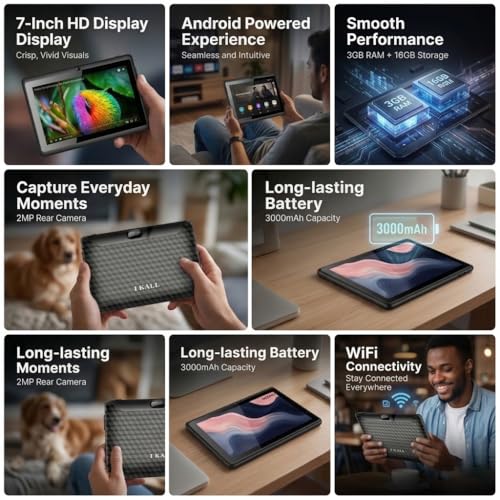 Image of IKALL N12 Pro 7-Inch Android Tablet | 3GB RAM, 16GB Storage | HD Display | 2MP Rear Camera | 3000mAh Battery | WiFi Tablet | Smooth Performance & Portable Design (Black)