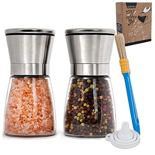 Quikobo salz und pfeffermühle set - Premium Keramikmühlen 2 Stück, manueller Salz und Pfefferstreuer mit, verstellbarem Mahlgrad, große Kapazität, mit Trichter & Reinigungsbürste(Belly Silver) Cover
