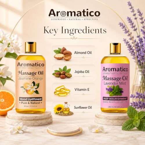 Image of AROMATICO - Lavender Mint & Jasmine Orange Massage Oils Pack of 2. For Mood Upliftment, Muscle Relaxation & Skin Nourishment, 100% Natural, Non-Sticky 300ml Pack of 2