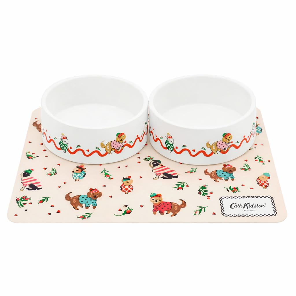 Cath Kidston Feeding Set for Medium & Large Dogs, 2 Ceramic Dishwasher Safe Food & Water Bowls (1.4L) with Waterproof Mat (40 × 28cm), Hearts & Roses Print