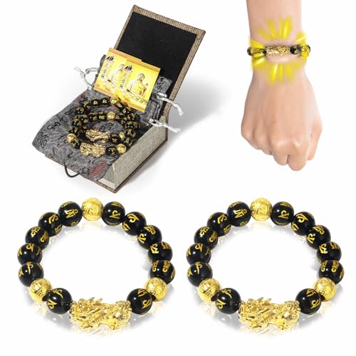 buiufish Feng Shui Obsidian Bracelet, 24k Gold Plated Pixiu Bracelet Dragon Protection for Men Women, 12mm Mantra Prayer Beads Bracelets Meaning to Attract Wealth and Good Luck
