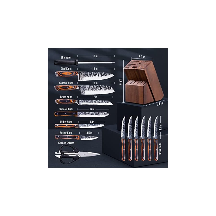 Knife-Set-15-Pieces-Knife-Sets-for-Kitchen-with-Block-High-Carbon-Stainless-Steel-Sharp-Kitchen-Knife-Set-with-Sharpener-Knife-Set-Dishwasher-Safe-with-Triple-Rivet-Wooden-Handle Kitchen Knife Sets with Block, 15-Piece High Carbon Stainless Steel Knife Block Set with Sharpener, Ultra-Sharp kitchen knives with Triple Rivet Wood Handle Perfect for Cooking Cut
